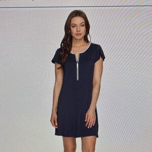 Navy French Terry Zip-Front Short Sleeve Dress